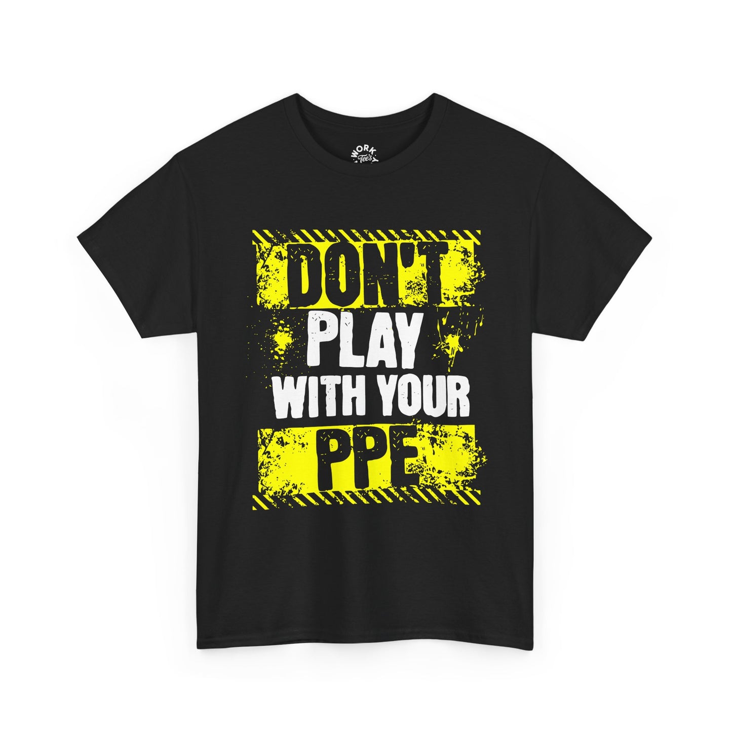 Black t-shirt with yellow and white text on a white background