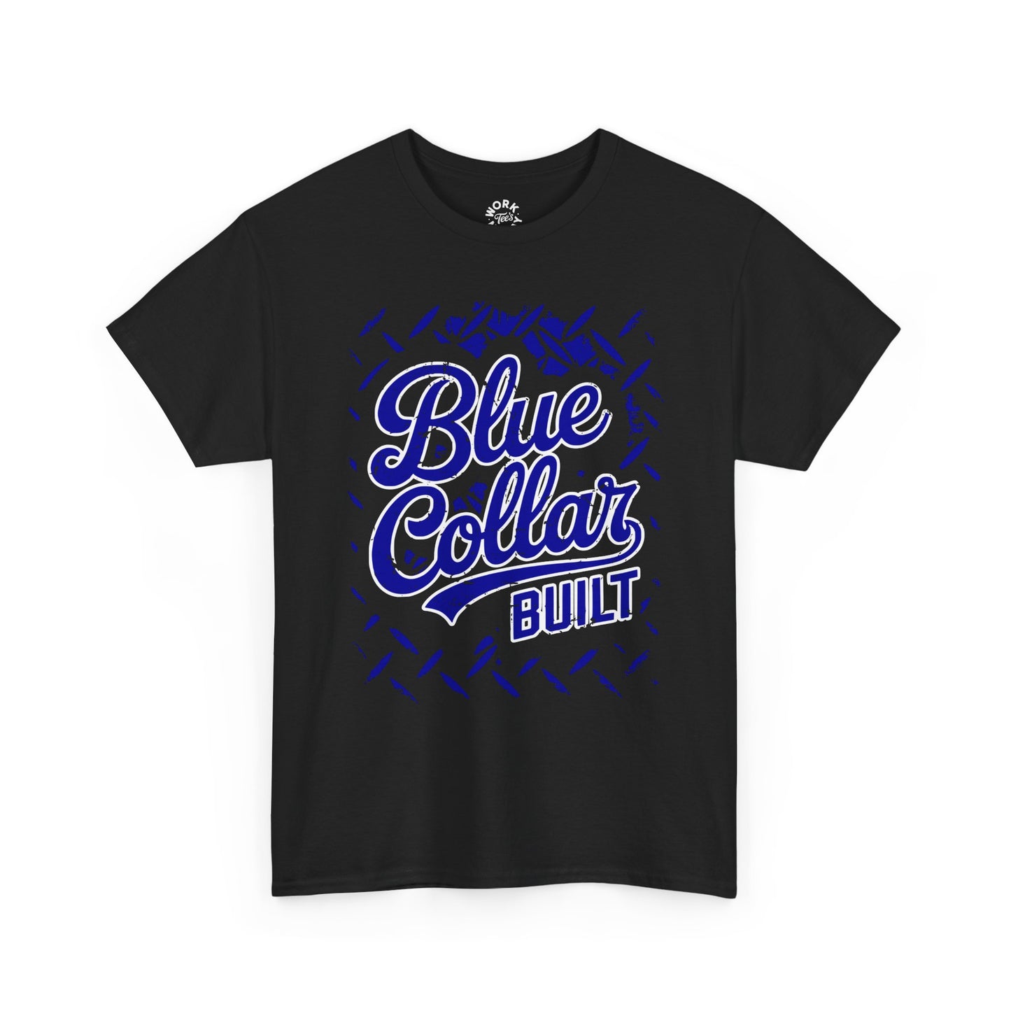 Black t-shirt with 'Blue Collar Built' text in blue on a white background