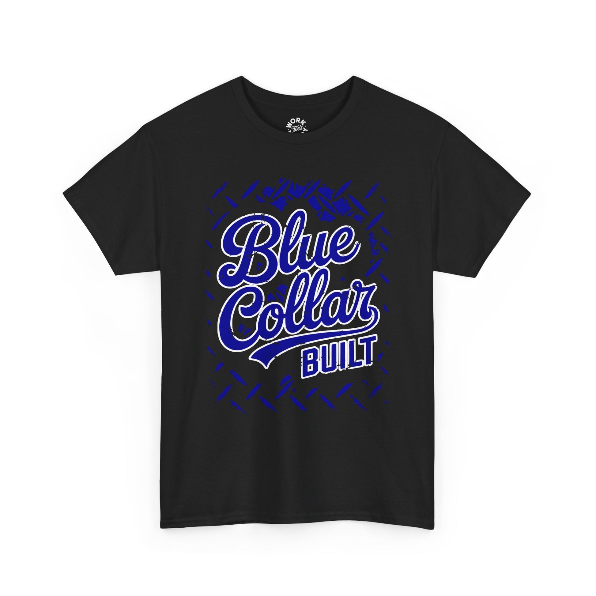 Black t-shirt with 'Blue Collar Built' text in blue on a white background