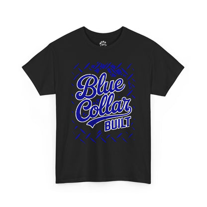 Black t-shirt with 'Blue Collar Built' text in blue on a white background