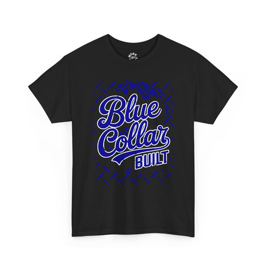 Black t-shirt with 'Blue Collar Built' text in blue on a white background