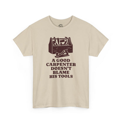 Beige t-shirt with brown graphic and text on a white background