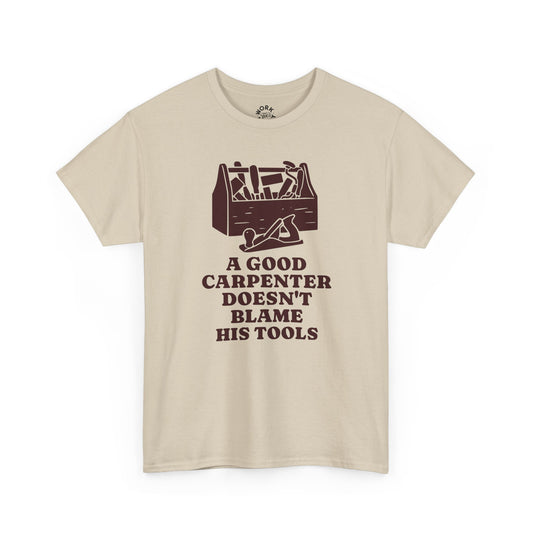 Beige t-shirt with brown graphic and text on a white background