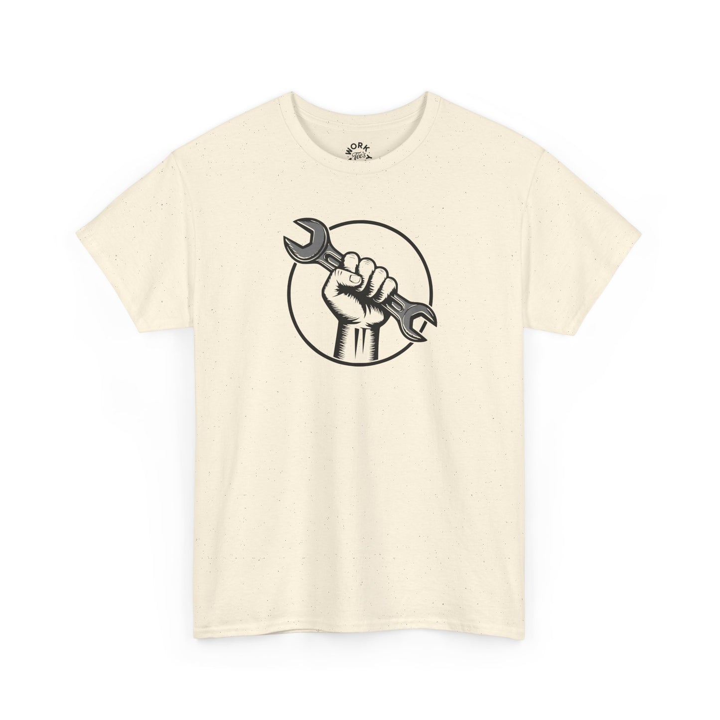 Beige t-shirt with a graphic of a hand holding a wrench on a white background