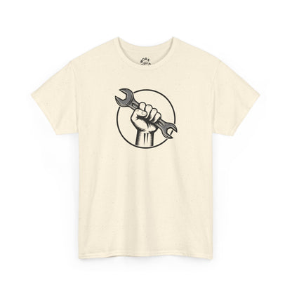 Beige t-shirt with a graphic of a hand holding a wrench on a white background