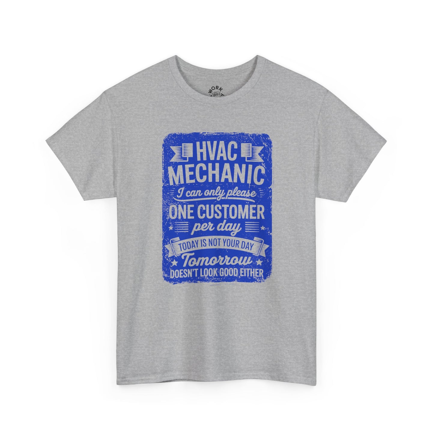 Gray t-shirt with blue HVAC Mechanic graphic on a white background