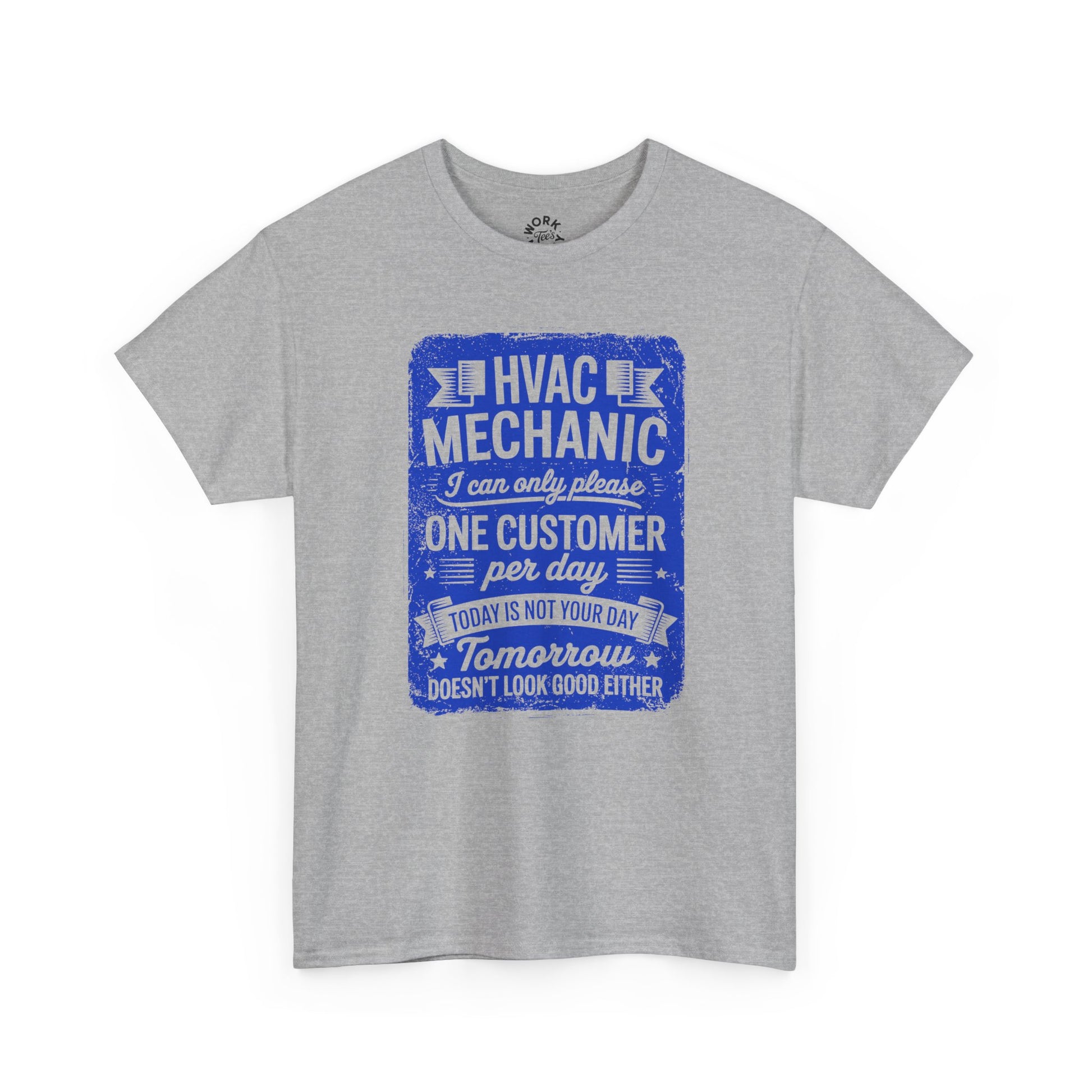 Gray t-shirt with blue HVAC Mechanic graphic on a white background