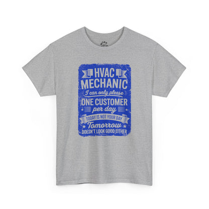 Gray t-shirt with blue HVAC Mechanic graphic on a white background