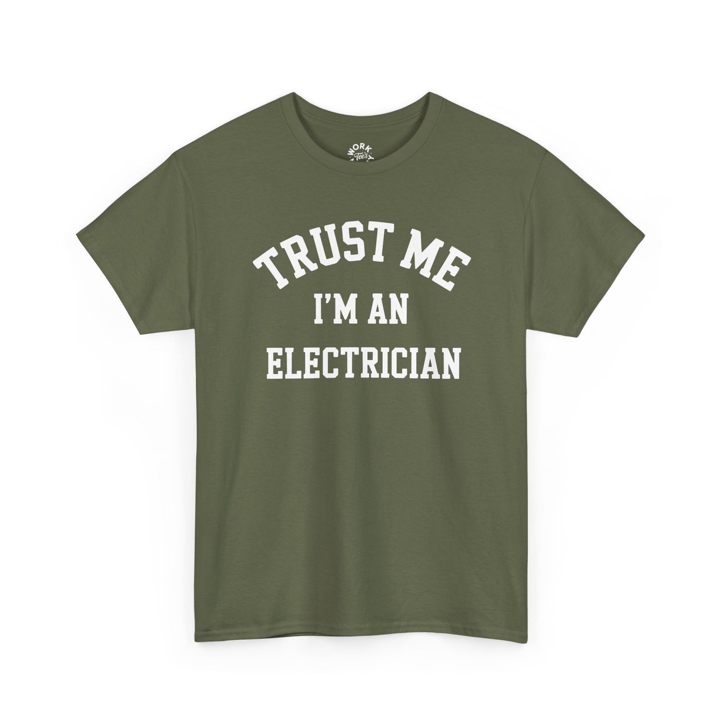 Green t-shirt with 'Trust Me I'm an Electrician' text on a white background