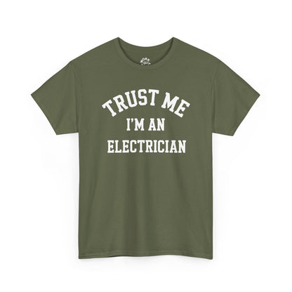Green t-shirt with 'Trust Me I'm an Electrician' text on a white background