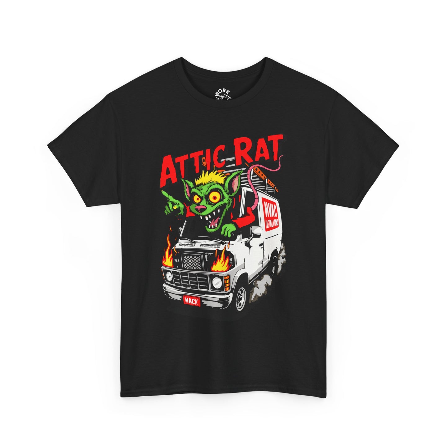 Black t-shirt with 'Attic Rat' graphic design featuring a van and creature on a white background
