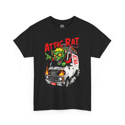 Black t-shirt with 'Attic Rat' graphic design featuring a van and creature on a white background