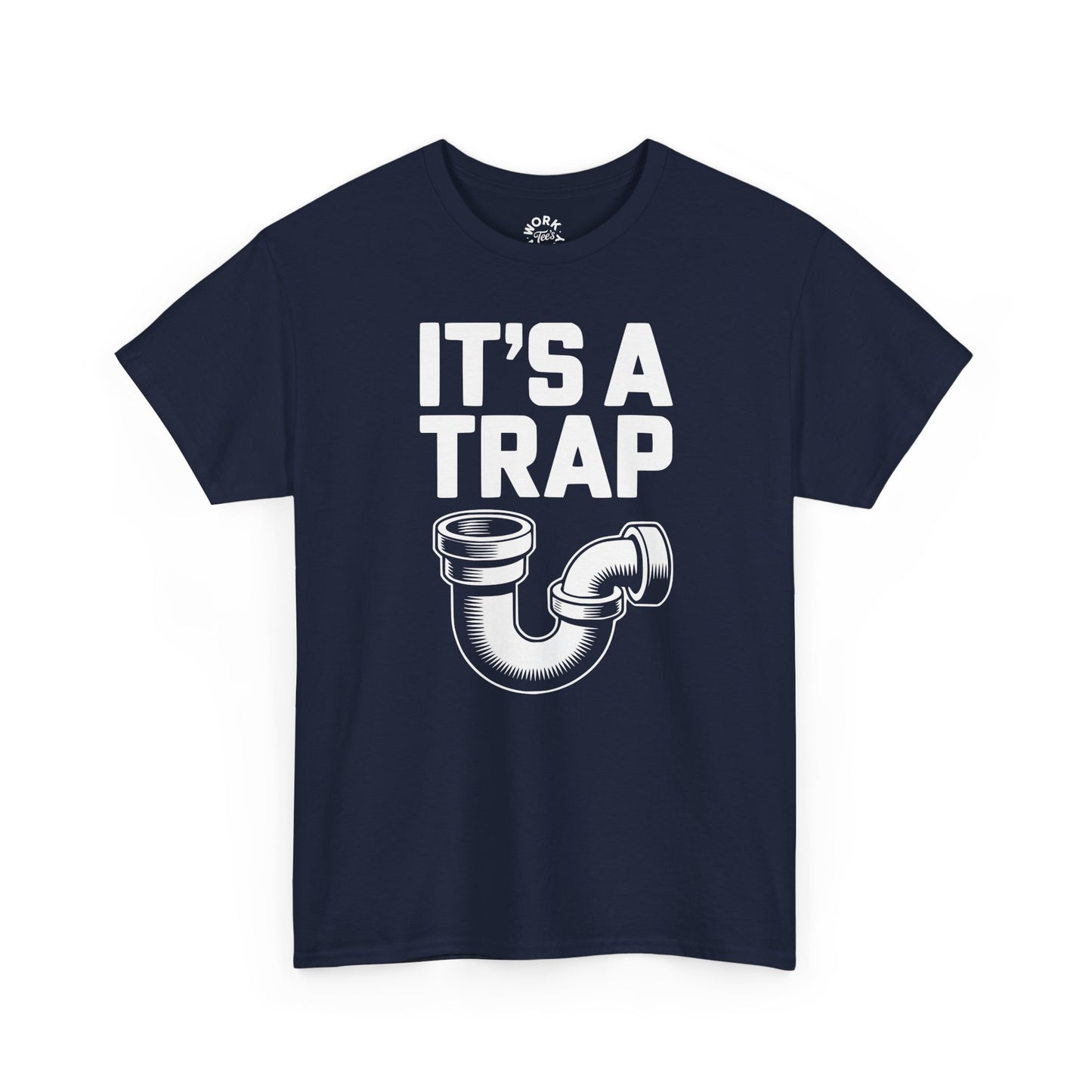 Navy blue t-shirt with 'It's a Trap' graphic and text on a white background