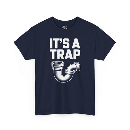 Navy blue t-shirt with 'It's a Trap' graphic and text on a white background