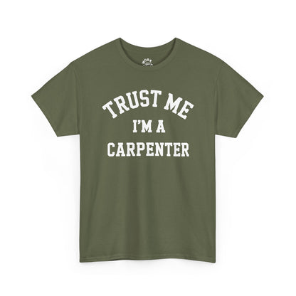 Green t-shirt with 'Trust Me I'm a Carpenter' text on a white background