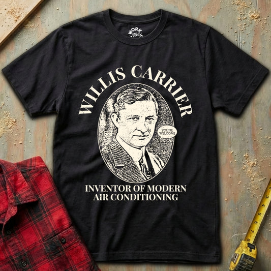 Black t-shirt with Willis Carrier design and text on a textured surface