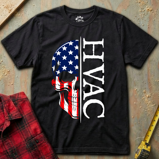 Black t-shirt with HVAC design featuring American flag skull on a textured surface.