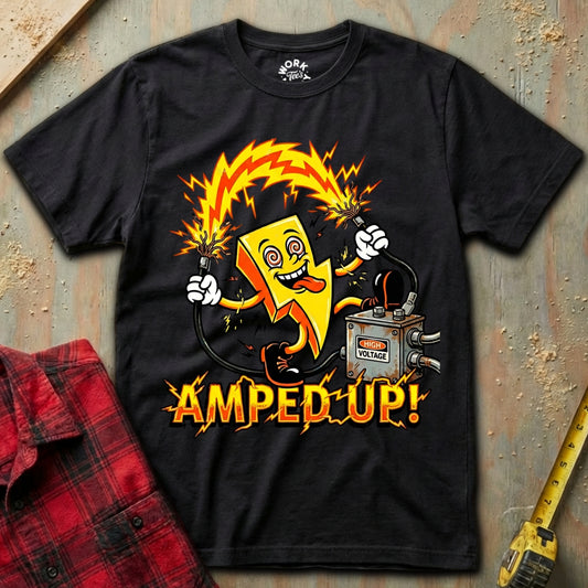 Black t-shirt with a colorful graphic design featuring a battery and the text 'AMPED UP!' on a textured surface.