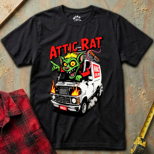 Black t-shirt with 'ATTIC RAT' graphic design featuring a monster and truck on a textured surface.