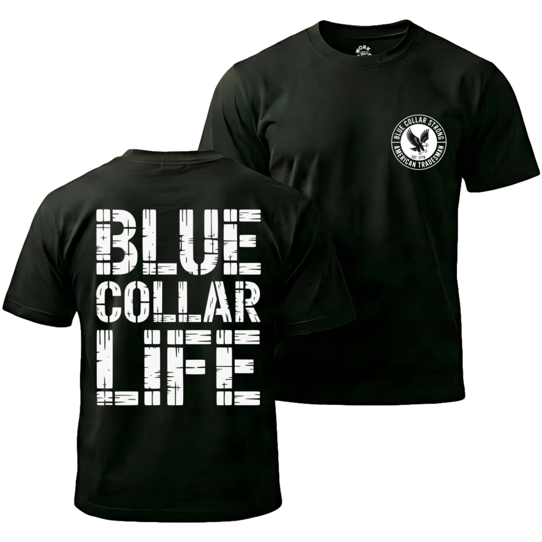 Black t-shirt with 'Blue Collar Life' text on front and logo on back