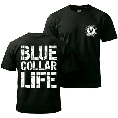 Black t-shirt with 'Blue Collar Life' text on front and logo on back