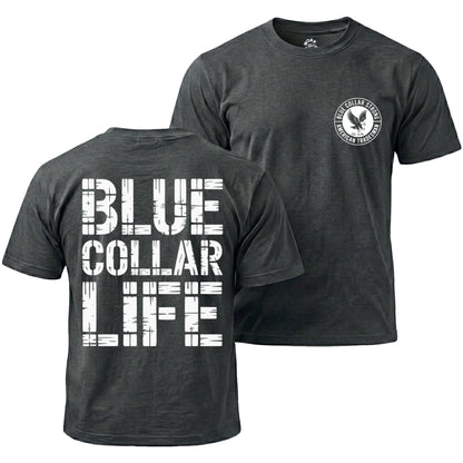Black t-shirt with 'Blue Collar Life' text on front and logo on sleeve, on a white background
