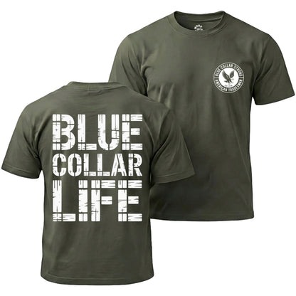 Green t-shirt with 'Blue Collar Life' text on front and back, featuring a logo.