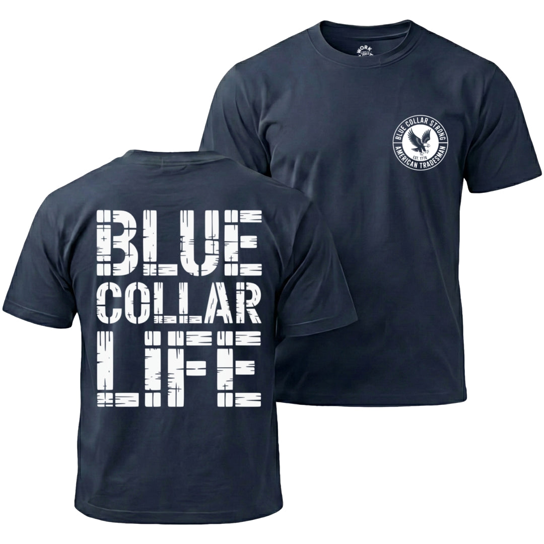Navy blue t-shirt with 'Blue Collar Life' text on front and logo on back, on a white background