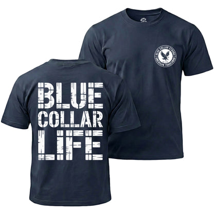 Navy blue t-shirt with 'Blue Collar Life' text on front and logo on back, on a white background
