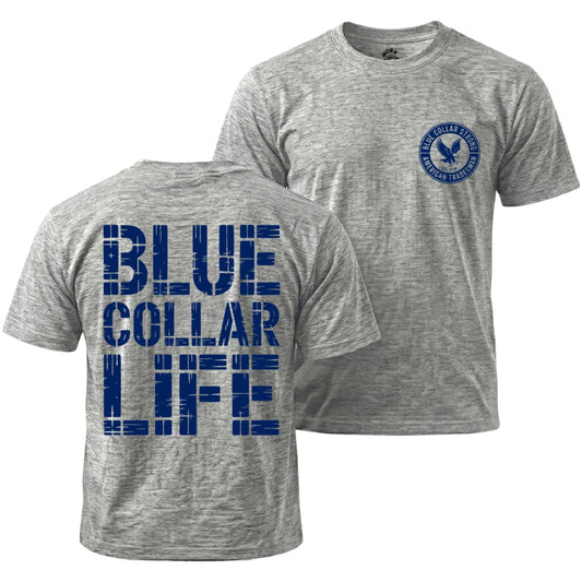 Gray t-shirt with blue collar life text on front and back, featuring a logo.