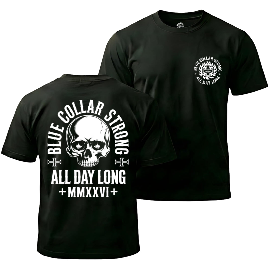 Black t-shirt with skull design and text on front and back, displayed on a white background.