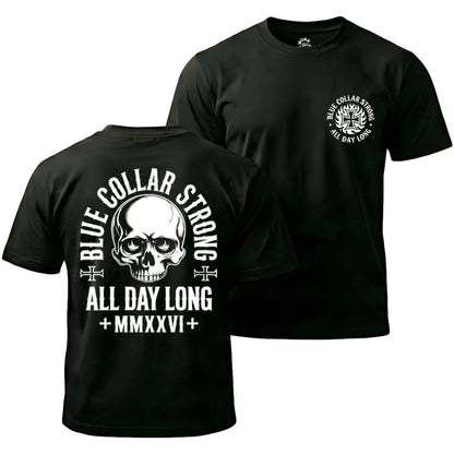 Black t-shirt with skull design and text on front and back, displayed on a white background.