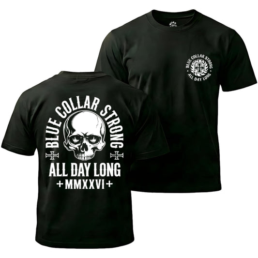 Black t-shirt with skull design and text on front and back, displayed on a white background.