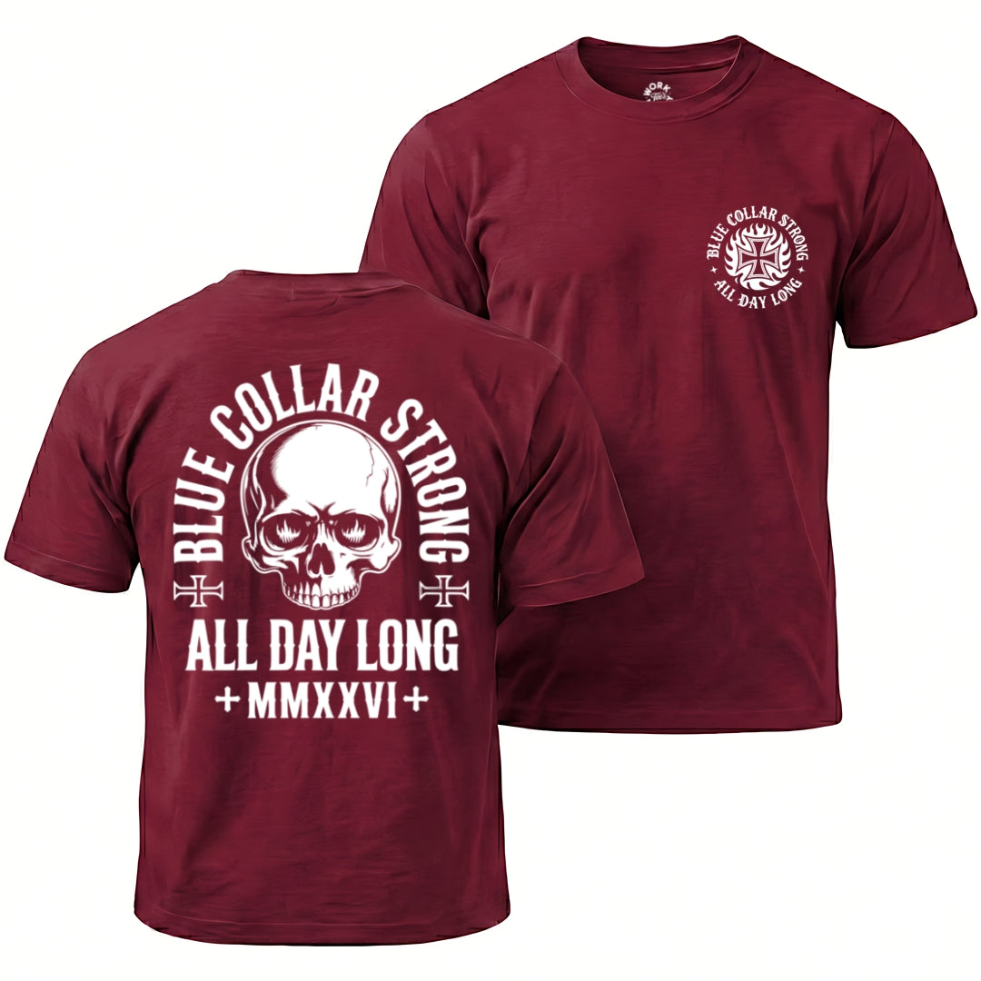 Maroon t-shirt with white graphic design on front and back