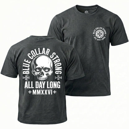 Black t-shirt with skull design and text on front and back, on a white background