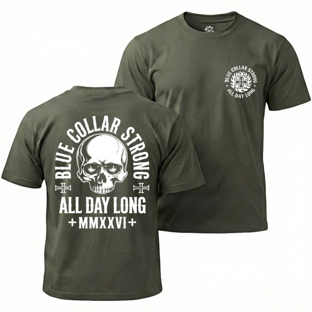 Green t-shirt with skull design and text on front and back, displayed on a white background.