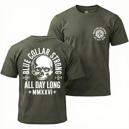 Green t-shirt with skull design and text on front and back, displayed on a white background.