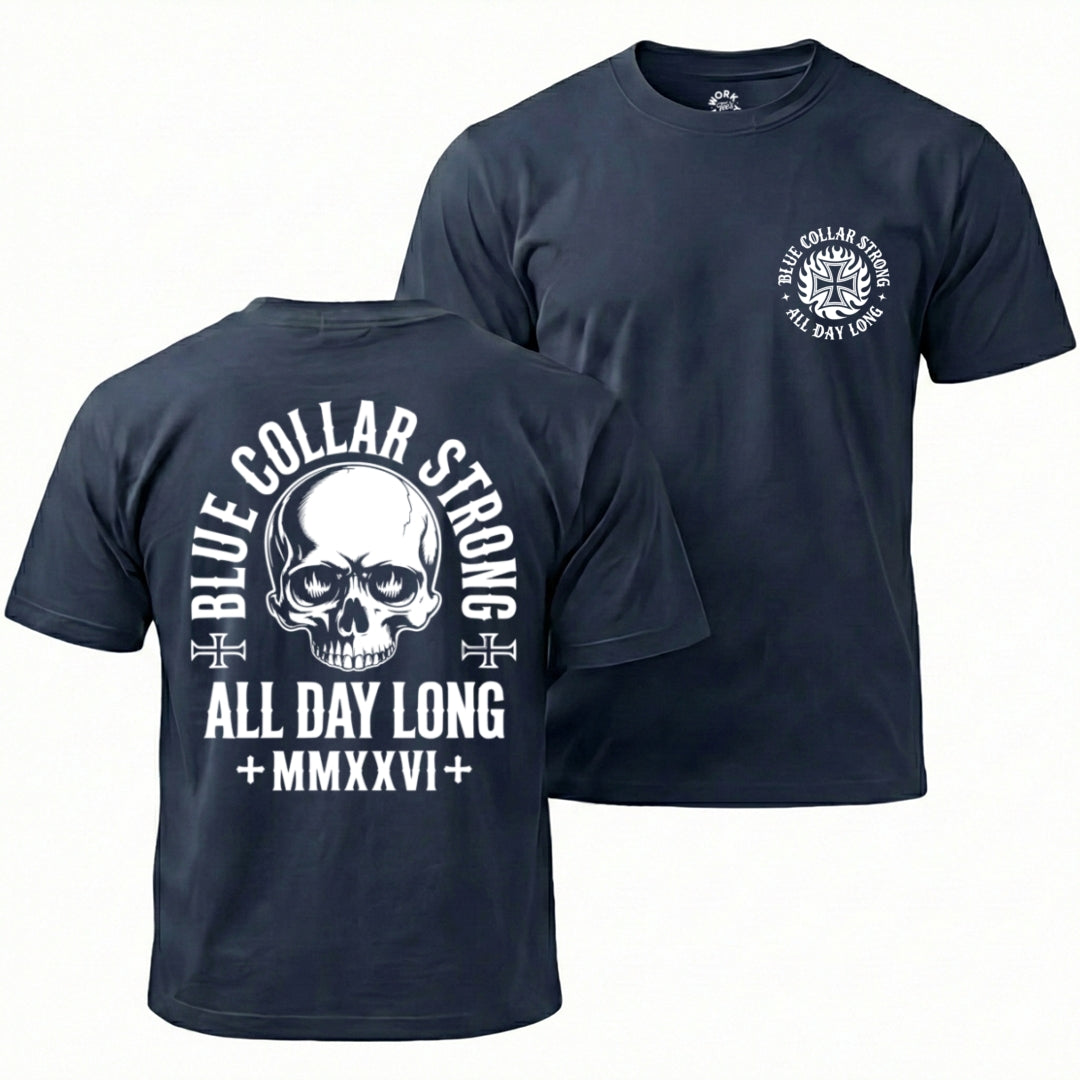 Navy blue t-shirt with skull design and text on front and back