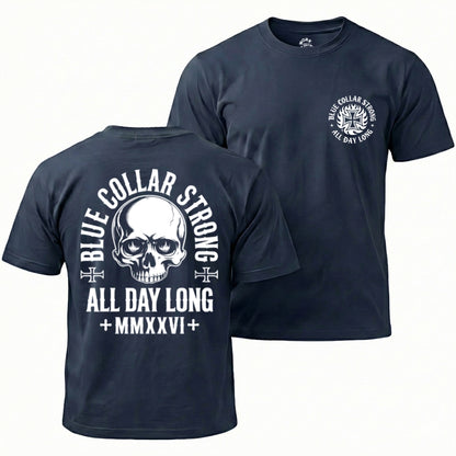 Navy blue t-shirt with skull design and text on front and back