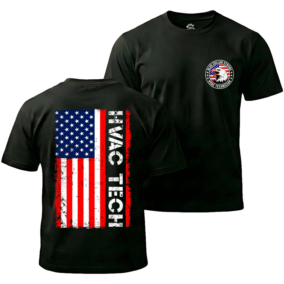Black t-shirt with American flag design on the back and logo on the front, on a white background.