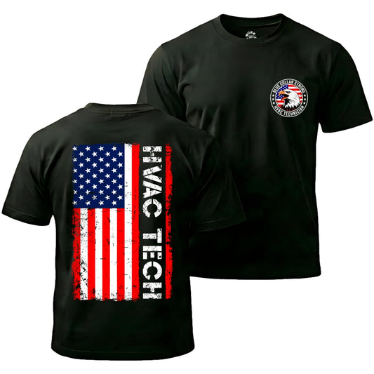 Black t-shirt with American flag design on the back and logo on the front, on a white background.