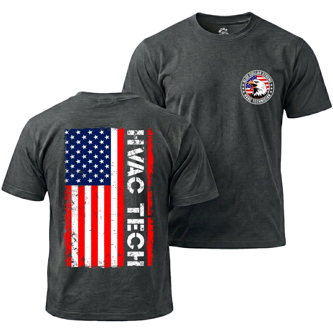 Dark gray t-shirt with American flag design on the back and logo on the front, on a white background.