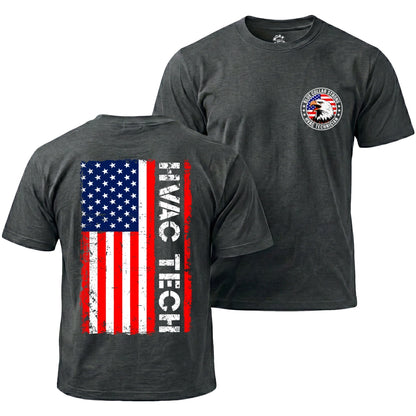 Dark gray t-shirt with American flag design on the back and logo on the front, on a white background.