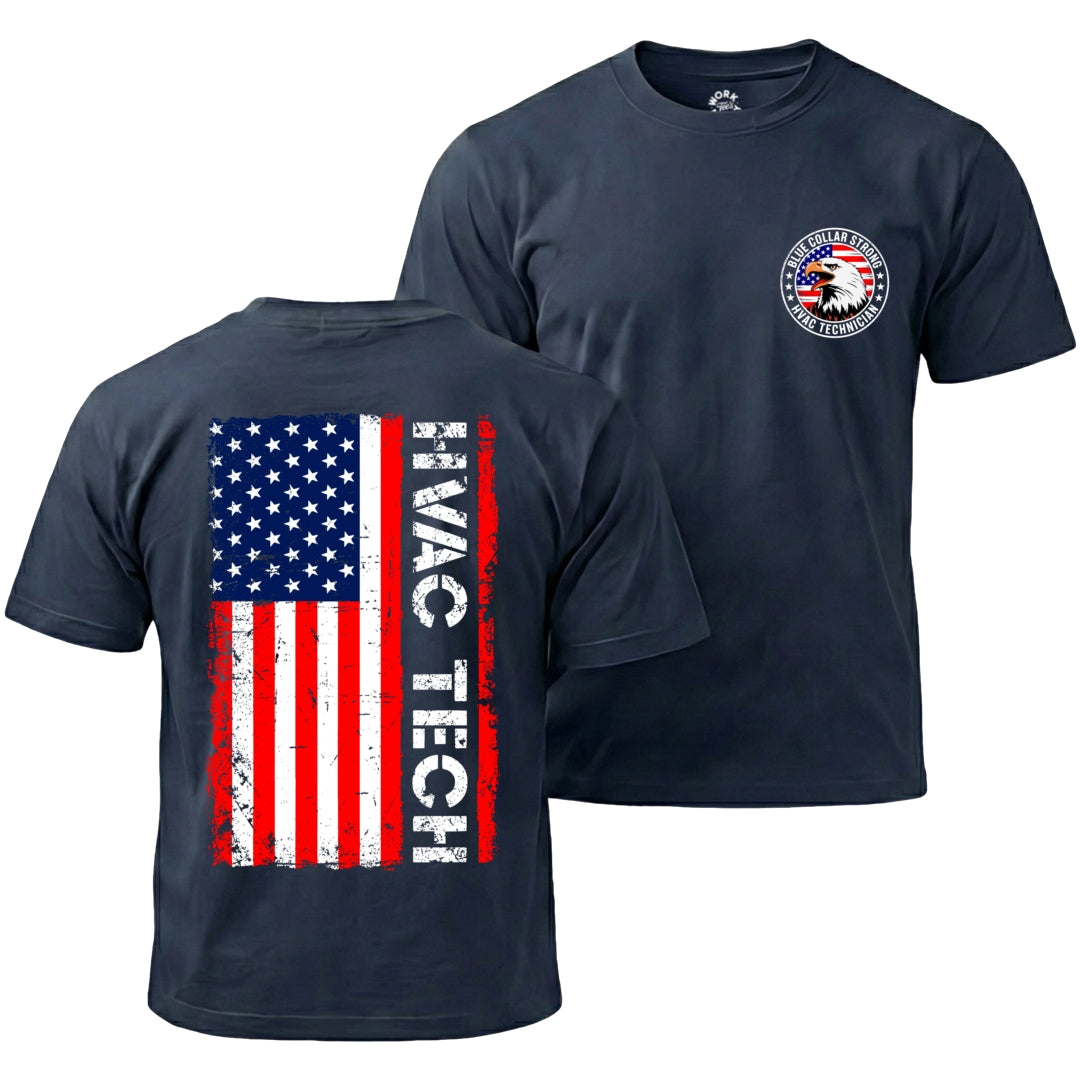 Navy blue t-shirt with American flag design on the back and logo on the chest, on a white background.