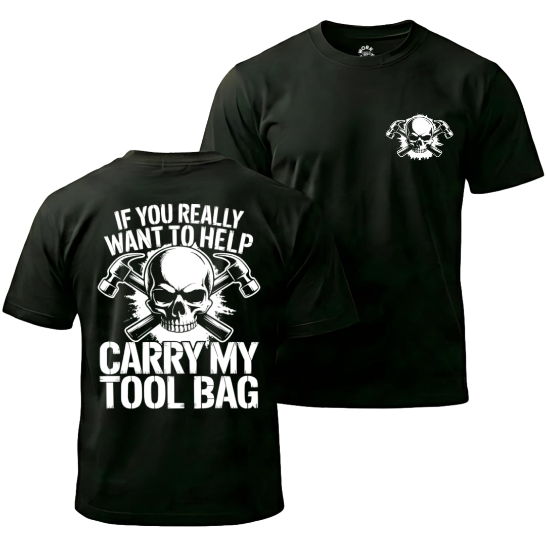 Black t-shirt with skull and crossbones design and text on front and back