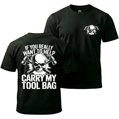 Black t-shirt with skull and crossbones design and text on front and back