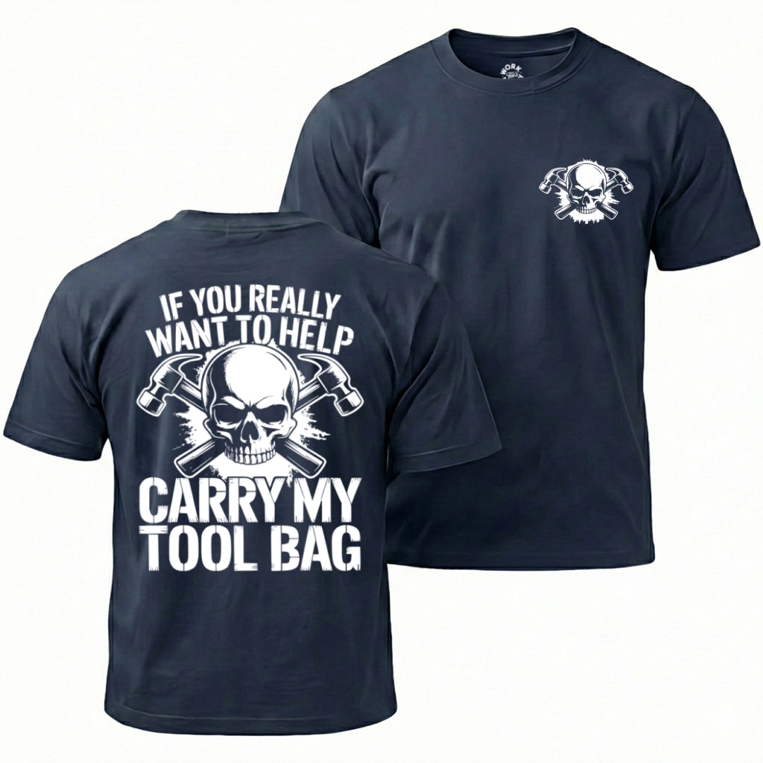 Navy blue t-shirt with skull and crossbones design on front and back, featuring text.