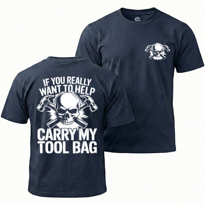 Navy blue t-shirt with skull and crossbones design on front and back, featuring text.