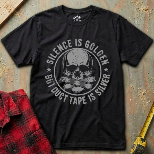 Black t-shirt with skull design and text on a textured surface with red plaid shirt and yellow tape measure.