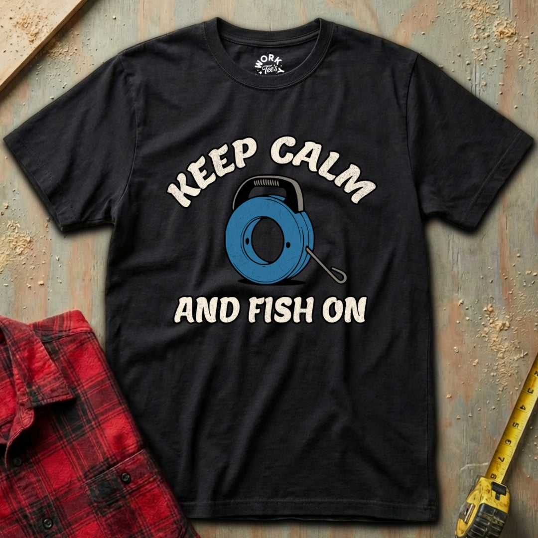 Black t-shirt with 'Keep Calm and Fish On' graphic on a textured surface with a red plaid shirt and yellow tool in the background.